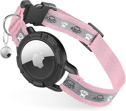 Reflective AirTag Cat Collar, Integrated Cat Tracker Collar with Air Tag Holder and Bell, Safety Elastic Band Cat GPS Collars for Girl Boy Cats, Kittens and Puppies (Pink, XS)