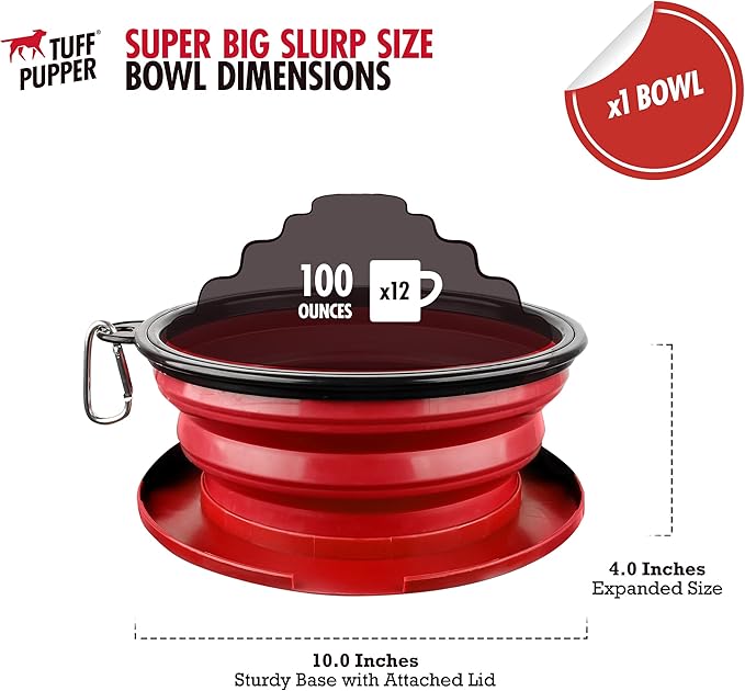 Tuff Pupper SuperBigSlurp Collapsible Dog Bowls, Extra Large Capacity, Portable, Food Safe, Odorless, Non-Toxic Silicone