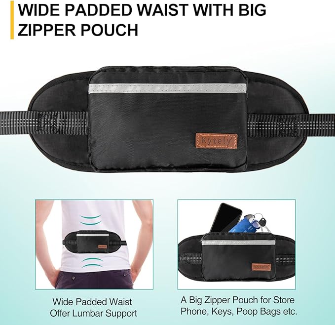 Kytely Hands Free Dog Leash with Zipper Pouch, Wide Padded Waist Dog Running Leash, Dual Padded Handles, Retractable Bungee for Walking Jogging Training Hiking