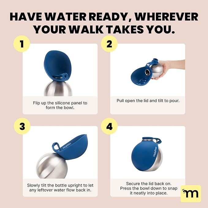 Malsipree 2-in-1 Portable Dog Water Bottle & Bowl for Small Dogs - Leak Proof & Insulating - Travel Water Dispenser - Stainless Steel Bottle & Silicone Bowl - Walking & Hiking (10 fl oz, Navy)