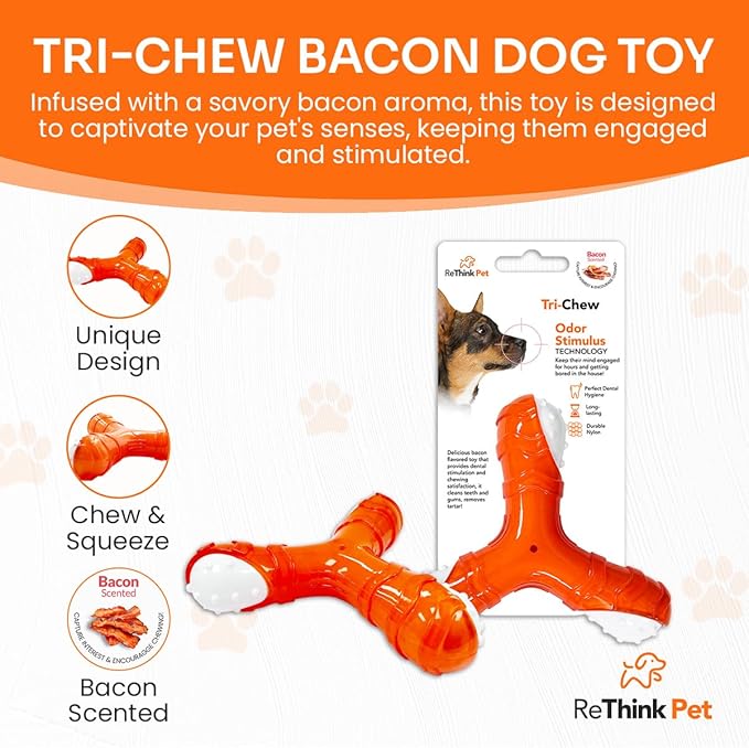 Tri-Chew Toy for Dogs, Bacon Scented, Long-Lasting and Durable Teething Toy, Odor Stimulating Tough Toy for Aggressive Chewers, Orange