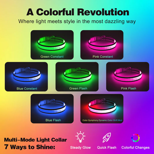 Light Up Dog Collar, Multicolor LED Dog Collar with 7 Lighting Modes - USB-C Rechargeable, Real-Time Battery Indicator, Waterproof & Adjustable Glow Collar for Safe Night Walks (L)