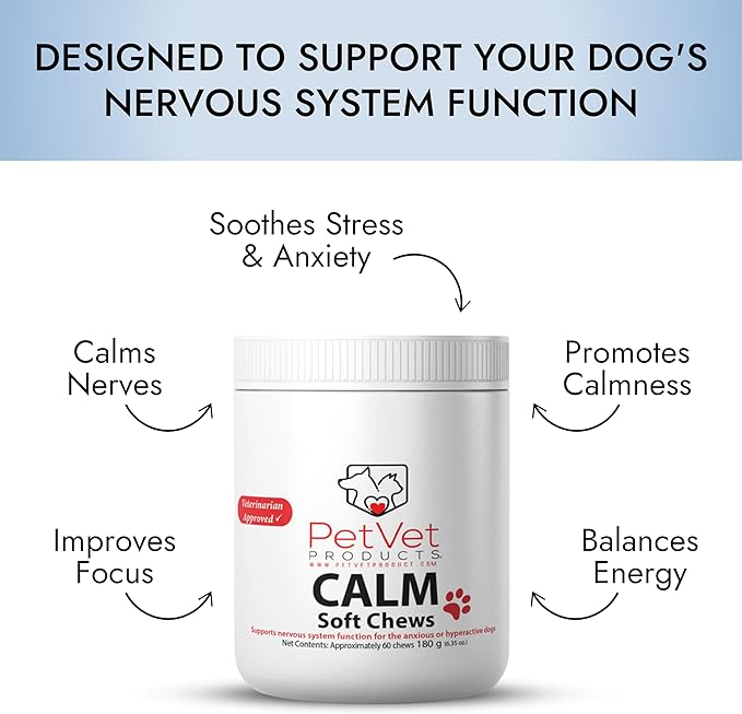 Pet Vet Calming Chews for Dogs – Dog Anxiety Relief (Beef Liver Flavor 60 Chews) – Stress Relief, Supplements for Hyperactive & Anxious Dogs – Dog Anxiety Bites for Relaxation, Pet Care Products