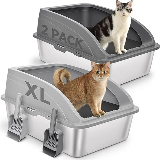 2 Pack Stainless Steel Cat Litter Box with Lid, XL Extra Large for Big Cats, 24" L x 16" W x 12" H, Metal Litter Box High Sided, Easy Cleaning, Include Scoop (Dark Gray & Light Gray)