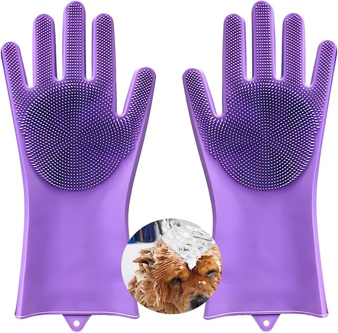 1 pairs Silicone Dishwashing & Pet Grooming Gloves - 2-in-1 Heat Resistant Gloves with High-Density Teeth, Enhanced Five Finger Design for Bathing, Cleaning Dishes, Cars, Dogs & Cats(Purple)