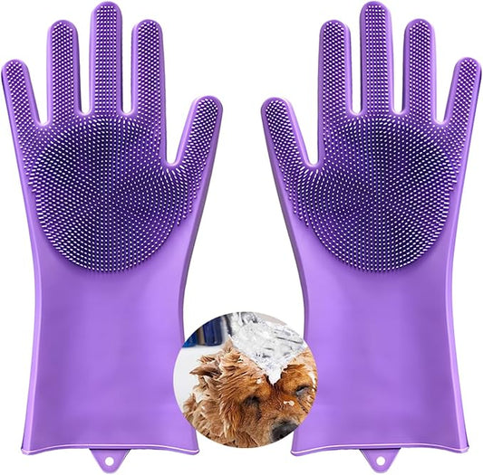 1 pairs Silicone Dishwashing & Pet Grooming Gloves - 2-in-1 Heat Resistant Gloves with High-Density Teeth, Enhanced Five Finger Design for Bathing, Cleaning Dishes, Cars, Dogs & Cats(Purple)