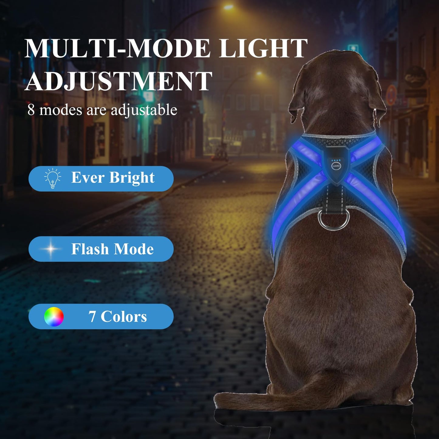 HDhqzm Light Up Dog Harness, LED Dog Harness-7 Lighting Modes, Rechargeable, Lightweight and Adjustable, Suitable for Small and Medium Dogs, Glowing Safety Vest for Nighttime Dog Walking