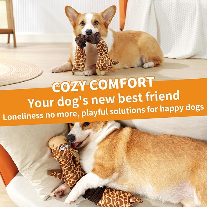 3-in-1 Squeaky Dog Toy for Chewer (Squeaker, Crinkle Paper & Elastic Band), Durable Interactive Puppy Plush Stuffed Chew Toy for Boredom, Tug of-War, for Small Medium Large Breed (Giraffe)