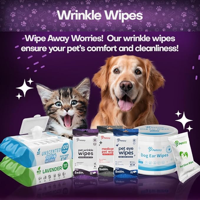 Wrinkle Wipes for Dogs | 3X Larger Dog Face Wipes for French Bulldog and Pug - Cleanse Skin Folds, Tear Stains, Tail Pockets | Anti-Itch, Soothing, & Hypoallergenic with Coconut Oil | 50 Count