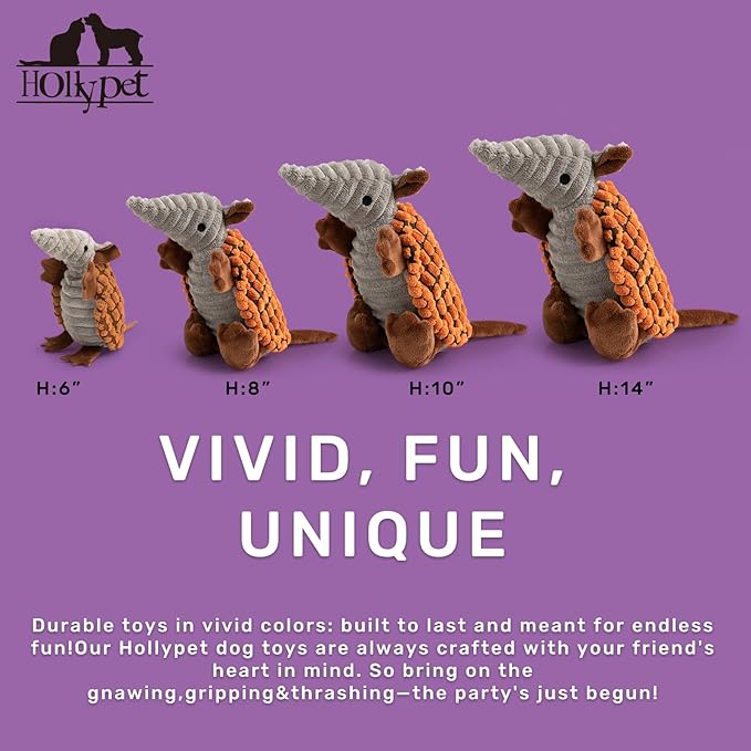 Hollypet Plush Dog Squeaky Toy Stuffed Armadillo Animal Pet Puppy Chew Toys with Clean Teeth for Small Medium Large All Breed Sizes Dogs, Tangerine, 8 in