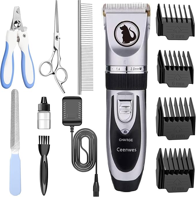 Ceenwes Dog Clippers with Storage Case, Low Noise Pet Clippers, Rechargeable Trimmer, Cordless Grooming Tool, Professional Hair Trimmer for Dogs, Cats & Others, Silver