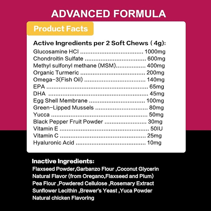 Advanced Dog Hip and Joint Supplement. 14 Active Ingredients, Glucosamine for Dogs Joint Health with Chondroitin, MSM, Turmeric, Omega 3. Joint Pain Relief Chews for Dogs of All Age Size Breed, 180pcs