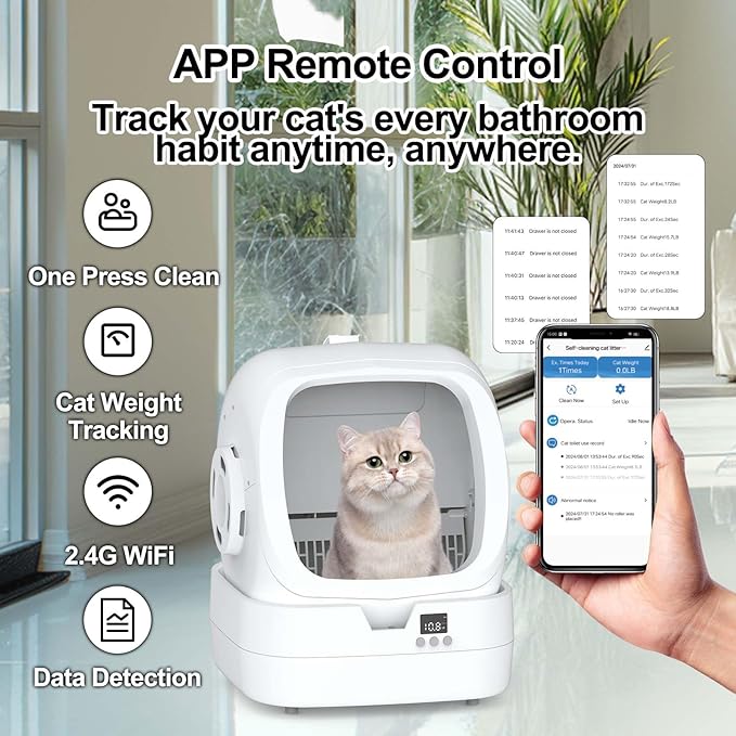 Automatic Cat Litter Box Self Cleaning - APP Control and Weight Monitoring - Ultra-Quiet, Medium Cats and Kittens Litter Box, Safe Anti-Pinch【Assembly Required】