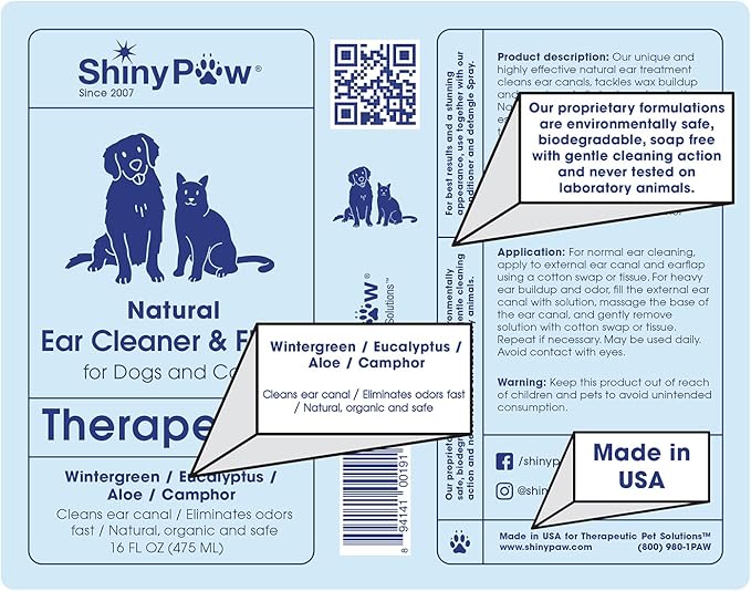 Dog Ear Cleaner Solution for Dogs & Cats by Shiny Paw 16 oz | Wintergreen, Camphor & Aloe – Gentle Ear Flush for Pets Health | Dog Ear Wash | Made in The USA