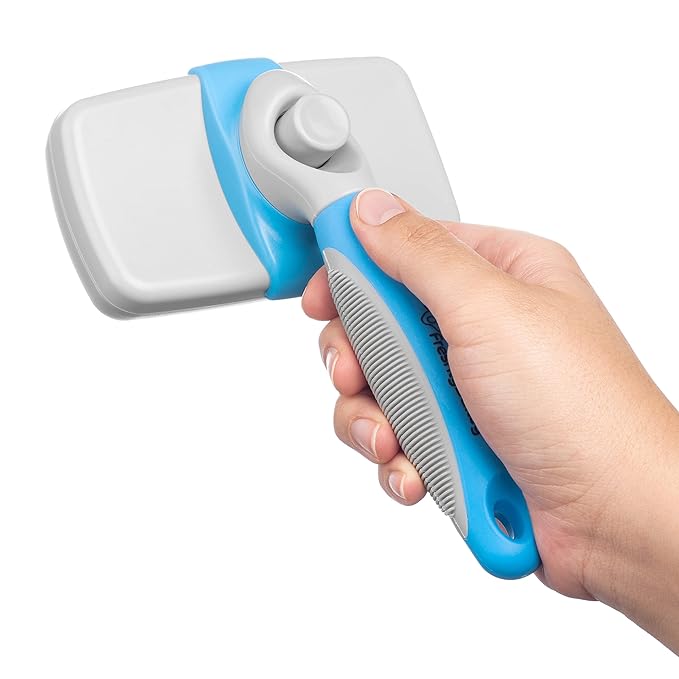 Self Cleaning Slicker Brush for Dogs and Cats - Hair Brush for Medium to Long-haired Pets - Effective, Comfortable, and Easy to Clean - White and Blue