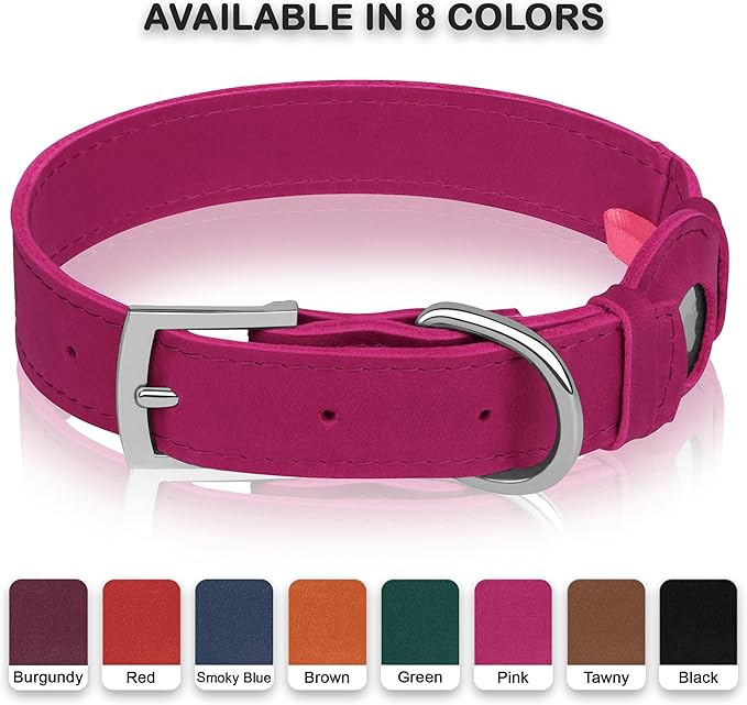 Leather Dog Collar with Airtag Holder - Apple AirTag Dog Collars - Soft Tracking Smart GPS Pet Collar for Small Medium Large Dogs Puppy (Pink, L, 15"-19" Neck Fit)