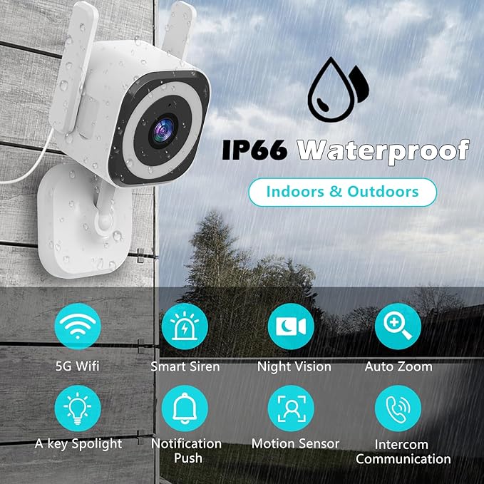 5G Outdoor/Indoor Cameras for Home Security, 1080P Baby Monitor Camera for Pet/Babyroom/Cat/Dog/Nanny/Elder, IP66 Waterproof, 3 Night Vision, Alarm Siren, SD/Cloud