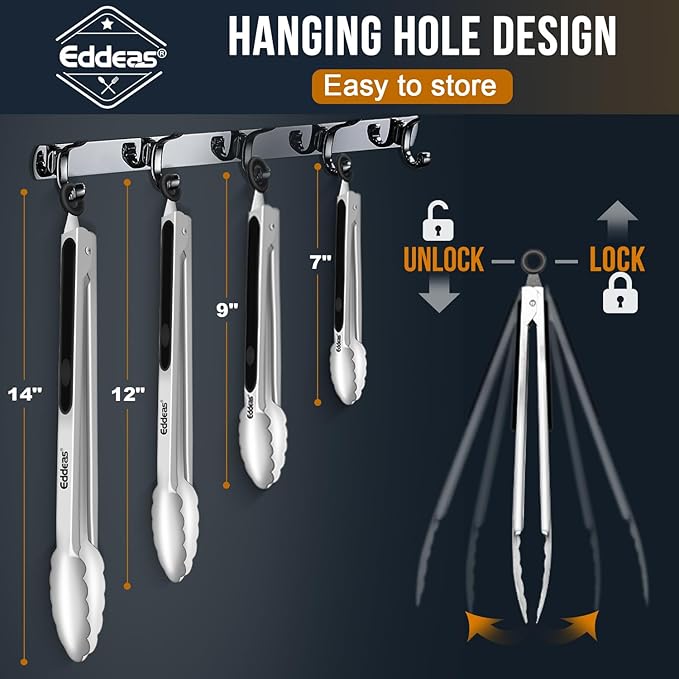 Grill Tongs - BBQ Tongs Heat Resistant 600 Degrees, Heavy Duty Metal, Perfect for Cooking, Grilling, Set of 4, 7",9",12" & 14 inch Black