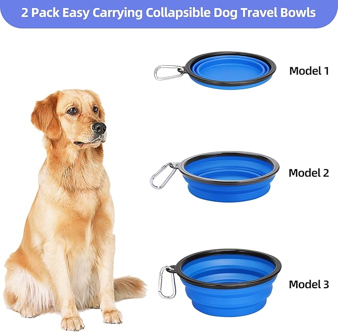 Kytely Large Collapsible Dog Bowls 2 Pack, 34oz Foldable Dog Travel Bowl, Portable Pet Water Food Bowl with Clasp, Pet Cat Feeding Cup Dish for Traveling, Walking, Hiking (Blue+Blue)