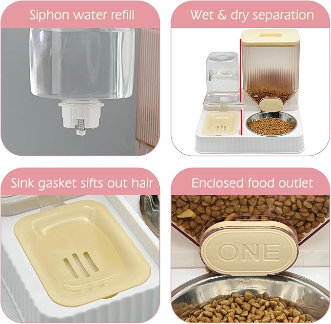 Fhiny Gravity Cat Feeder & Water Dispenser, 2 in 1 Automatic Puppy Waterer Removable Stainless Steel Food Bowls Set Self Feeding Pet Food Storage for Cat Kitten Puppy Easy Clean (Yellow)