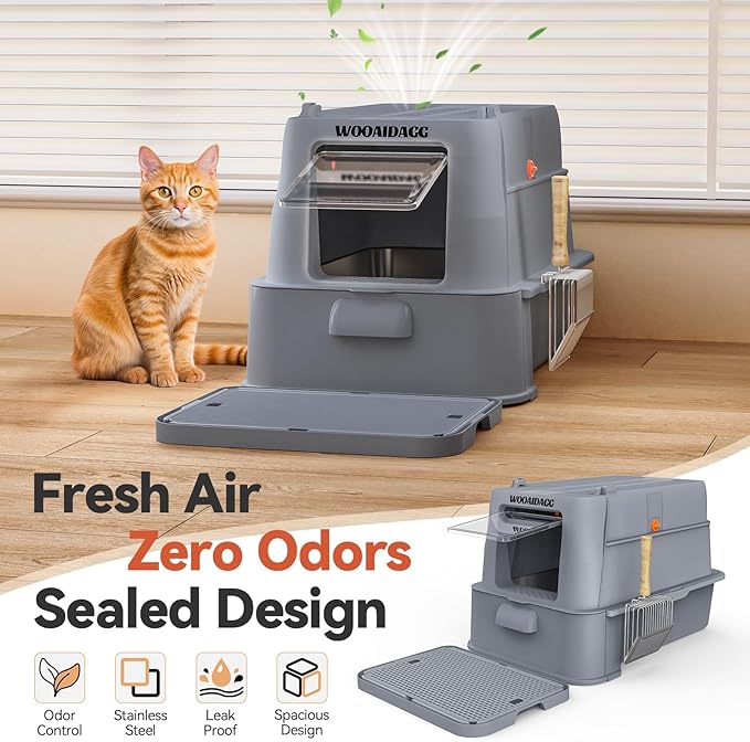 Enclosed Stainless Steel Cat Litter Box with Odor Control, Modular Design with Drawer and Flip Door, Easy to Clean and Wash,Non-Stick Interior,Extra Large Size Fits All Cats(Dark Grey)