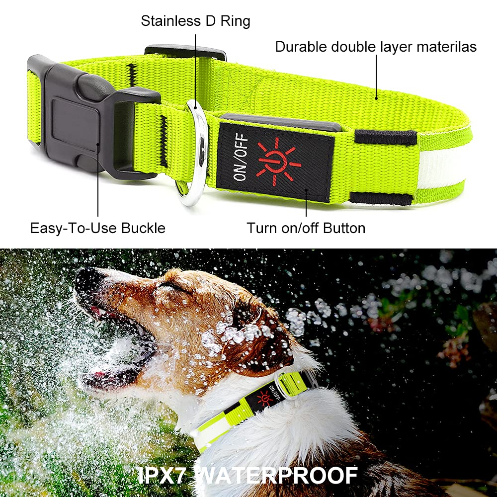 YFbrite Ultra Light Adjustable LED Dog Collar, Light up Dog Collars Rechargeable Glowing in The Dark Collars Visiblity & Safety for Small, Medium, Large Dogs (Green, Medium)