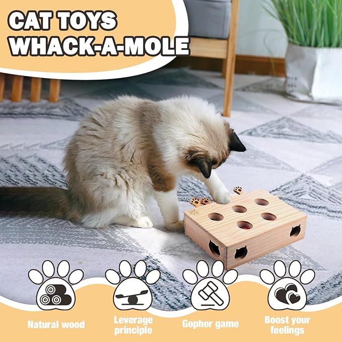 Interactive Wooden Cat Toy, Solid Wood Toys for Indoor Cats Kitten Catch Mice Game, Cat Scratcher and Toy, Cat Interactive Toys, Cat Toy for All Ages Cats