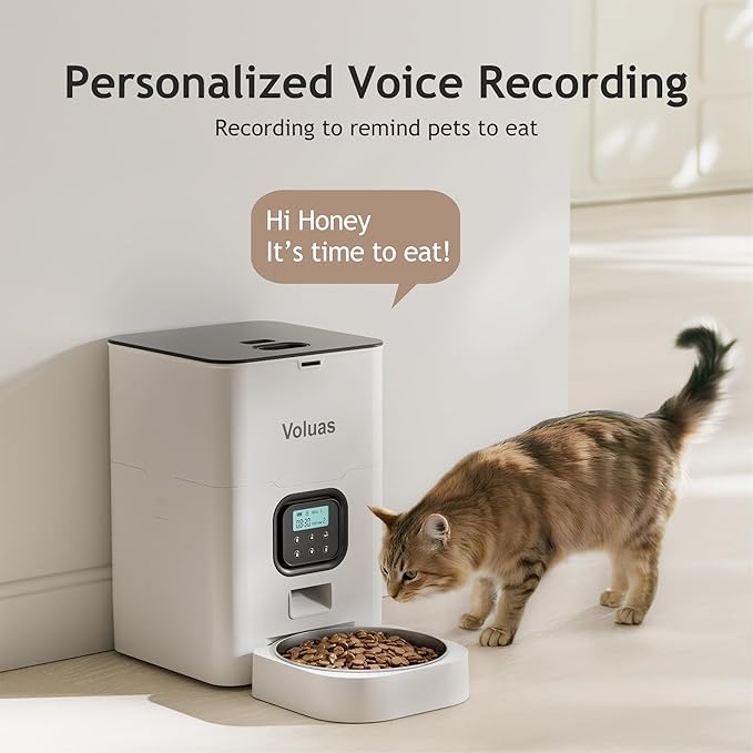 VOLUAS Automatic Cat Feeders - Timed Pet Feeder for Cats and Dogs with Dry Food Dispenser, Desiccant Bag, Programmable Portion Control, 4 Daily Meals, 10s Voice Recorder