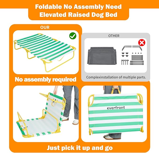 Dog Elevated Bed Foldable Portable Raised Bed Camping cot Outdoor Summer Dog Bed (Large, GreenStripes-Oxford Fabric)