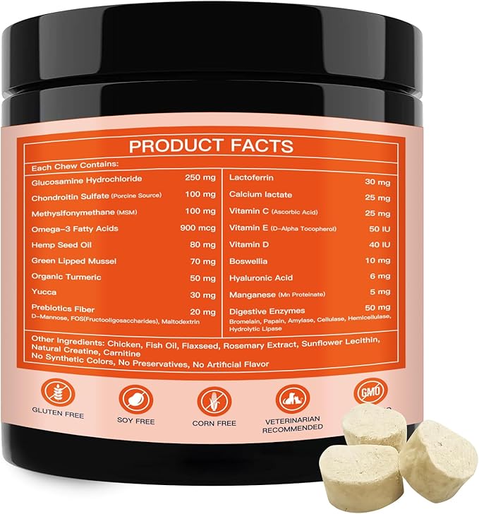 NATURE TARGET Glucosamine Joint Supplement for Dogs, Chondroitin, Omega-3, MSM, Hemp, Turmeric for Pain Relief, Dog Joint Supplement with Calcium for Bone Health, 120 Chicken Flavored Crunchy Chews