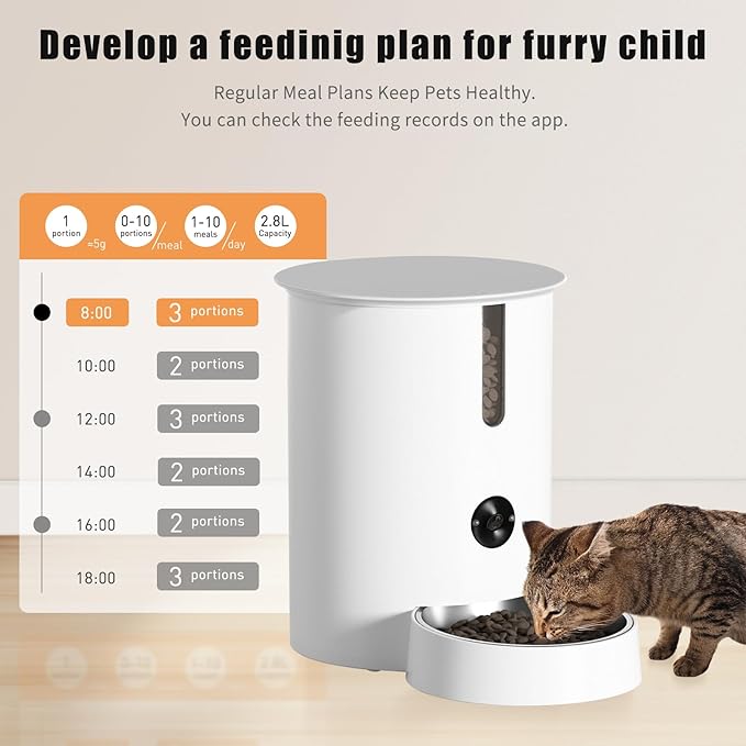 Lychee Automatic Cat Feeder with Camera, 5G WiFi Pet Feeder, 1080P HD Video with Night Vision,2-Way Audio Smart App Control, 2.8L Dry Food Dispenser for Cats and Samll Dog