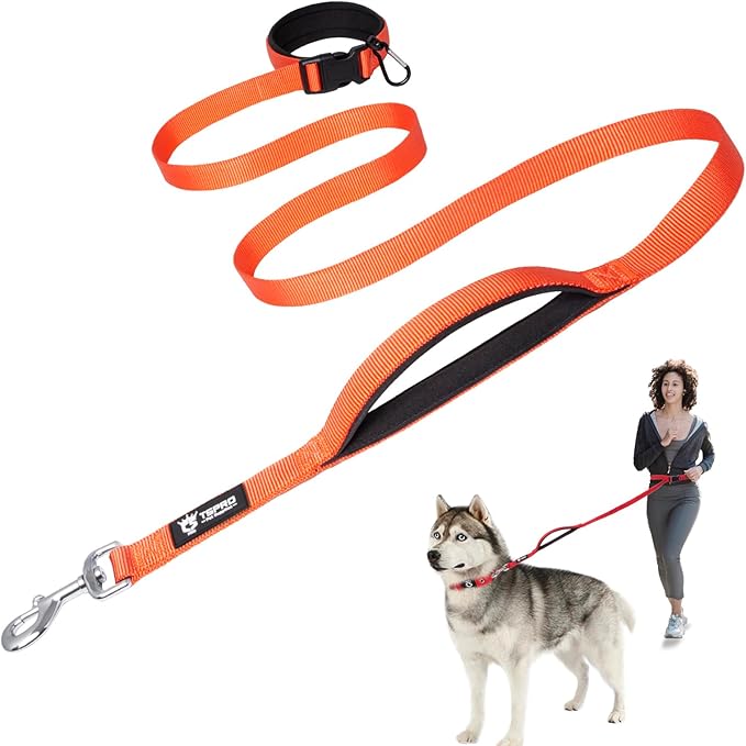 TSPRO Hands Free Dog Leash for Medium to Large Dogs, Adjustable Durable Leash with Comfortable Safety Padded Handle, Heavy Duty Metal Clasp for Walking, Running, Training (Orange)