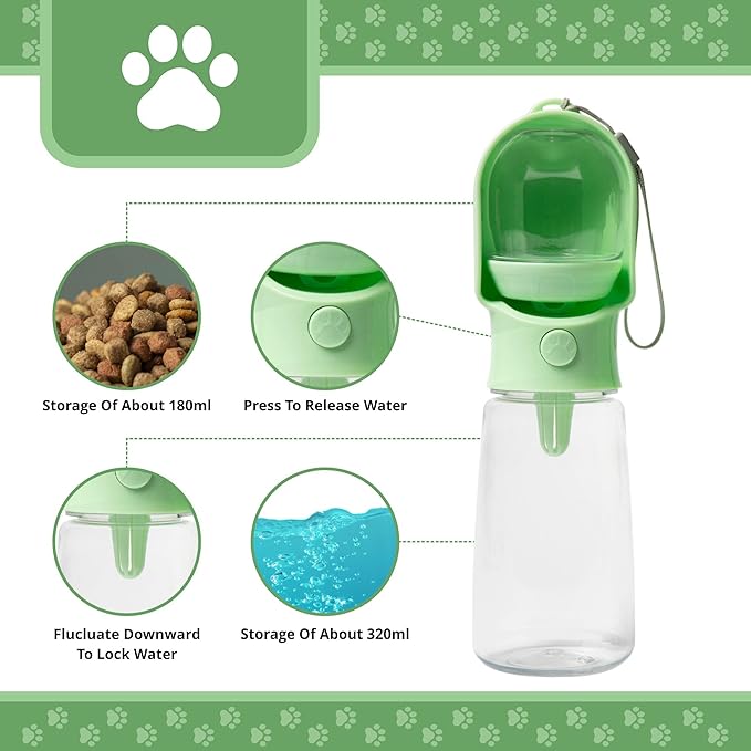 Leak Proof Portable Dog Water Bottle with Bowl – Travel Pet Water Dispenser for Walking & Hiking – Food Grade Plastic – Choose from 3 Colors (Green, 500 ml)