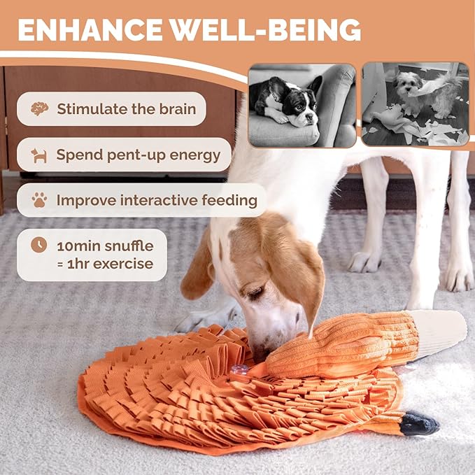 POPUPJOYS Durable Hide & Seek Snuffle Mat for Dogs, 2-in-1 Enrichment Puzzle Toy with Detachable Tail & Squeaker, Adjustable Difficulty Level with Suction, Machine Washable, Gift-Ready (Fox)