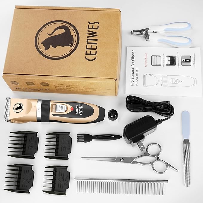 Ceenwes Dog Clippers Low Noise Pet Clippers Rechargeable Trimmer Cordless Grooming Tool Professional Dog Hair Trimmer with Comb Guides Scissors for Dogs Cats & Others(Gold)