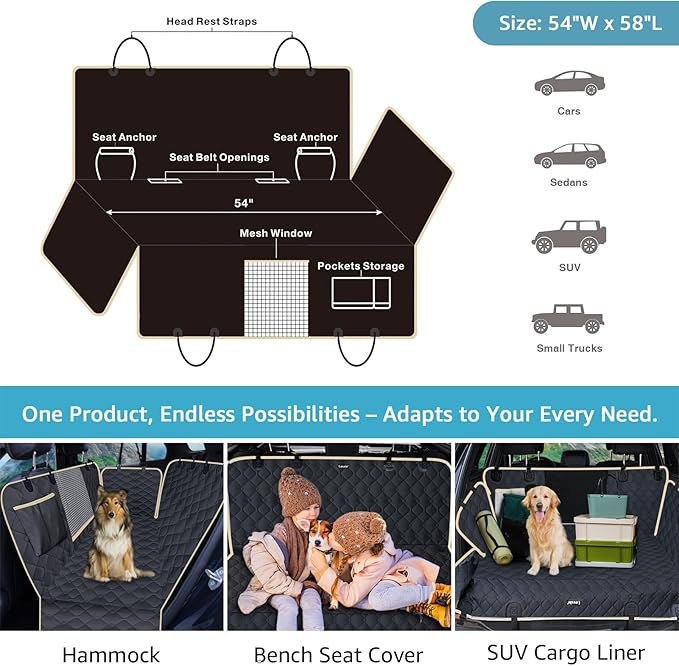 Lassie Dog Car Seat Covers for Back Seat, Waterproof Dog Car Hammock with Mesh Window Durable Scratch Proof Nonslip Pet Carseat Covers Universal Fit Protector for Cars, Trucks & SUVs