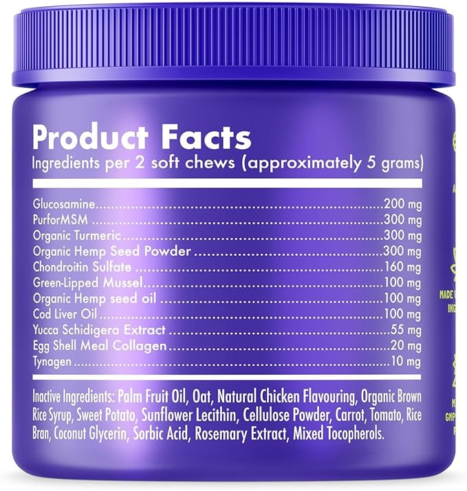 Hemp Hip & Joint Supplement for Dogs Soft Chews Made in USA Functional Glucosamine for Dogs Chondroitin MSM Turmeric Hemp Seed Oil Natural Pain Relief Mobility Advanced Joint 120 Treats