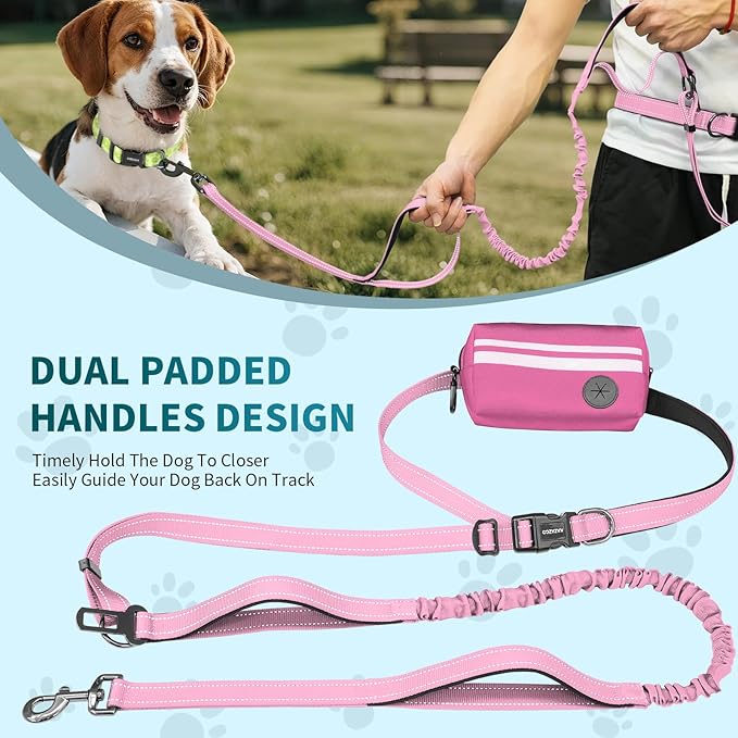 Hands Free Dog Leash with Removable Zipper Pouch, Dual Padded Handles and Durable Bungee for Walking, Jogging and Running-Pink