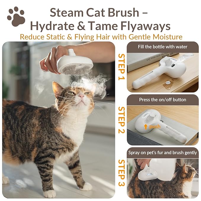 Pet Steam Brush for Dog & Cat, Water Brush for Long & Short Haired Pets with Mist Spray, Deshedding Tool, Pet Hair, Tangle-Free Grooming Brushs for Long/Short Haired Pets