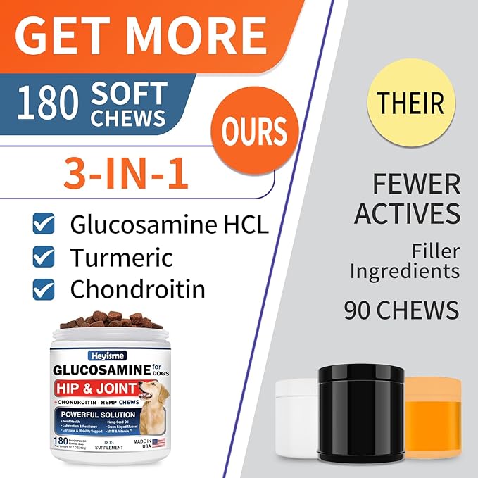 Glucosamine for Dogs, 180 Chews Hip and Joint Supplement for Dogs, Glucosamine Chondroitin, MSM Hemp Dog Joint Pain Relief, Dog Joint Supplement Health Mobility Support (180 Chews, Bacon)