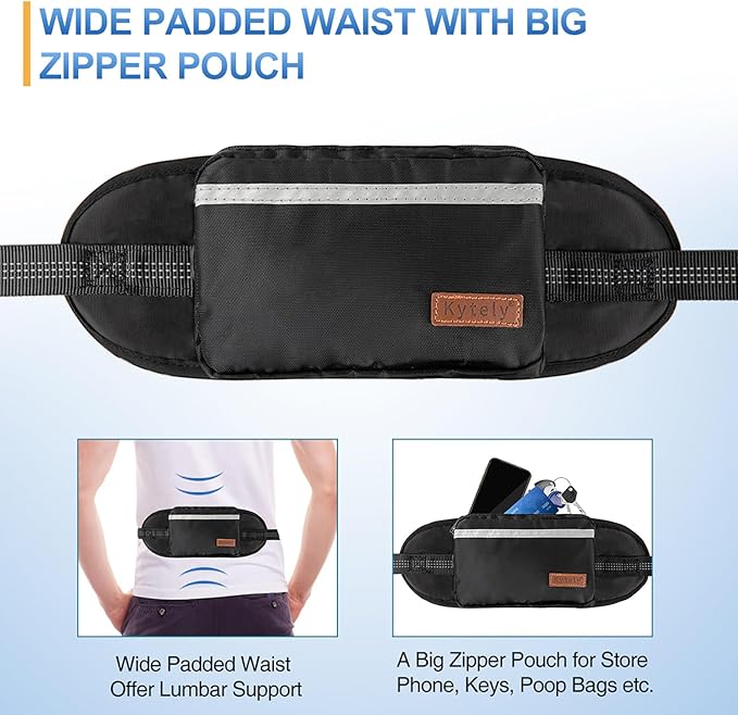 Kytely Hands Free Dog Leash with Zipper Pouch, Wide Padded Waist Dog Running Leash for Medium and Large Dogs, Dual Padded Handles, Retractable Bungee for Walking Jogging Training Hiking