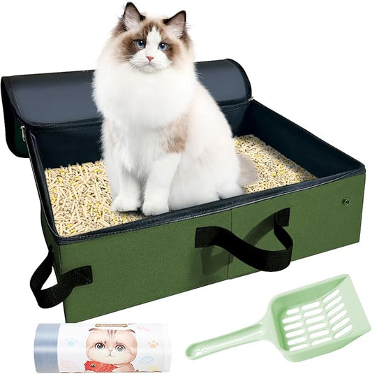 20x14x6.5 Inches, Upgraded Portable Cat Travel Litter Box with Zipped Lid & 10 Liners, Leak-Proof and Foldable Travel Cat Litter Box for Hotels, Car, and Camping, Odor-Free & Waterproof (Army Green)