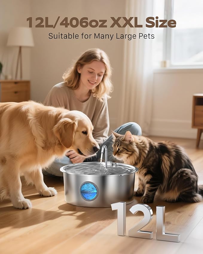 Pet Water Fountain for Large Dogs: Metal Dog Water Fountain - Silent Big Cat Fountains for Drinking - 3.2G/406oz/12L Water Fountain Dog Bowl Inside - GROOKPET Fountains with 6 Filters + 3 Sponges
