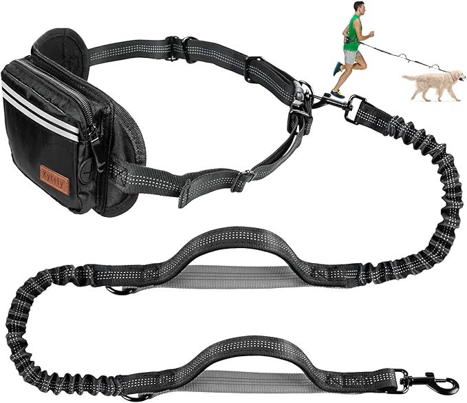 Kytely Hands Free Dog Leash with Zipper Pouch, Wide Padded Waist Dog Running Leash, Dual Padded Handles, Retractable Bungee for Walking Jogging Training Hiking