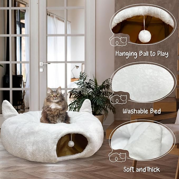 OurWarm White Cat Tunnel Bed Under Christmas Tree, Fluffy Plush Cat Tunnel Christmas Tree Skirt, Collapsible Peekaboo Donut Cave with Washable Mat and Hanging Ball for Indoor Small Animals