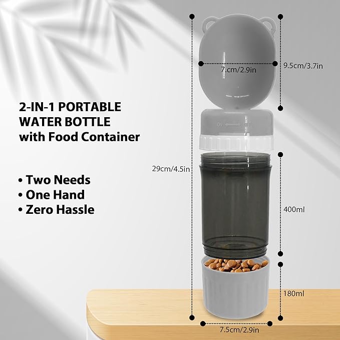2-in-1 Pet Travel Water Bottle & Food Container - 14 oz Water + 6 oz Food Dispenser, Leak-Proof Portable Dog Water Bottle Bowl for Walking, Hiking, Camping Grey