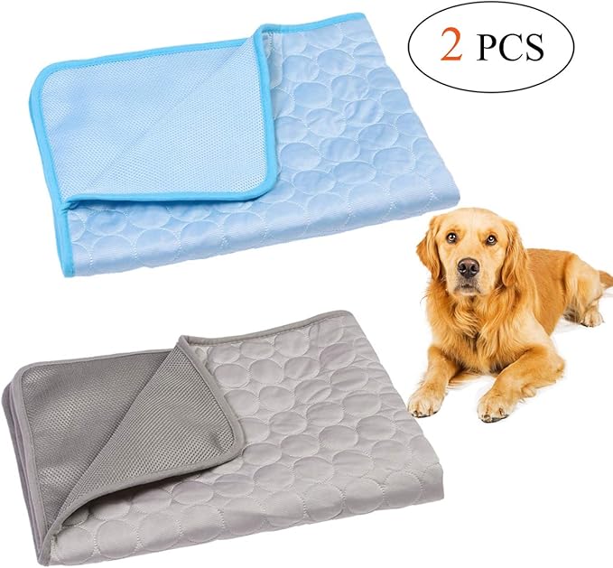 Wontee Dog Cooling Mat Pet Ice Silk Pad Washable Summer Sleeping Bed for Crate, Bed, Sofa, Indoor & Outdoor Floor, Car Seats (Blue + Grey, L)