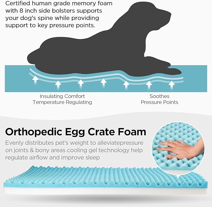 Orthopedic Dog Bed for Large Dogs, Memory Foam Dog Sofa with Waterproof & Washable Cover, Cooling Energy Gel. Couch, Pain Relief Soft Couch Pet Bed (46x38x12 inch, Grey)