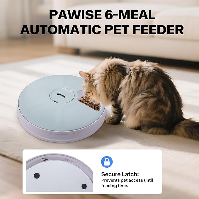 Pawise Automatic Cat Feeder, 6-Meal Programmable Pet Food Dispenser with Bird Chirp Sound Alert, Battery Operated, BPA-Free, Bonus Snack Ball Toy, for Cats & Small Dogs(Batteries Not Included