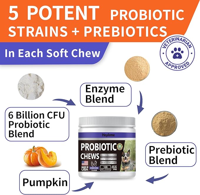 Probiotics for Dogs, Improve Yeast Balance, Itchy Skin Itchy Ears, Gut Health, Allergies, Immunity, Dog Probiotics and Digestive Enzymes with Prebiotics - Reduce Diarrhea (Chicken, 120 Chews)